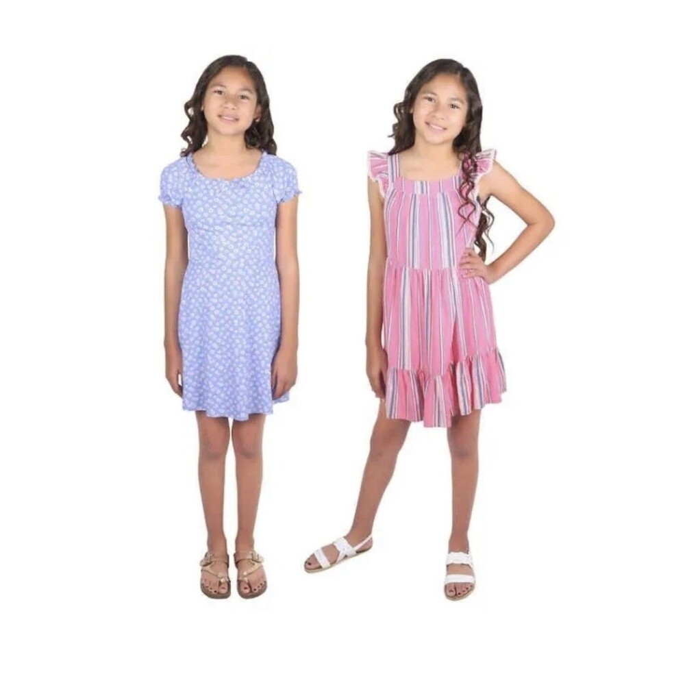 Zunie Girl Dress Size M 10/12 Pink & Blue 2 Pack Stripes Floral NWT